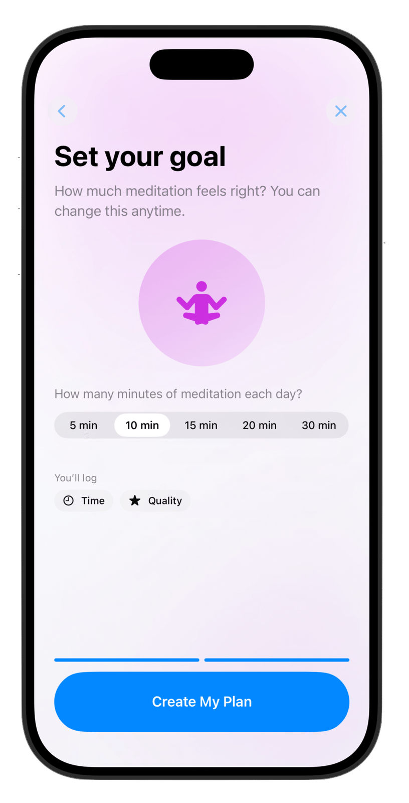HobbyIt goal setup screen for a meditation habit